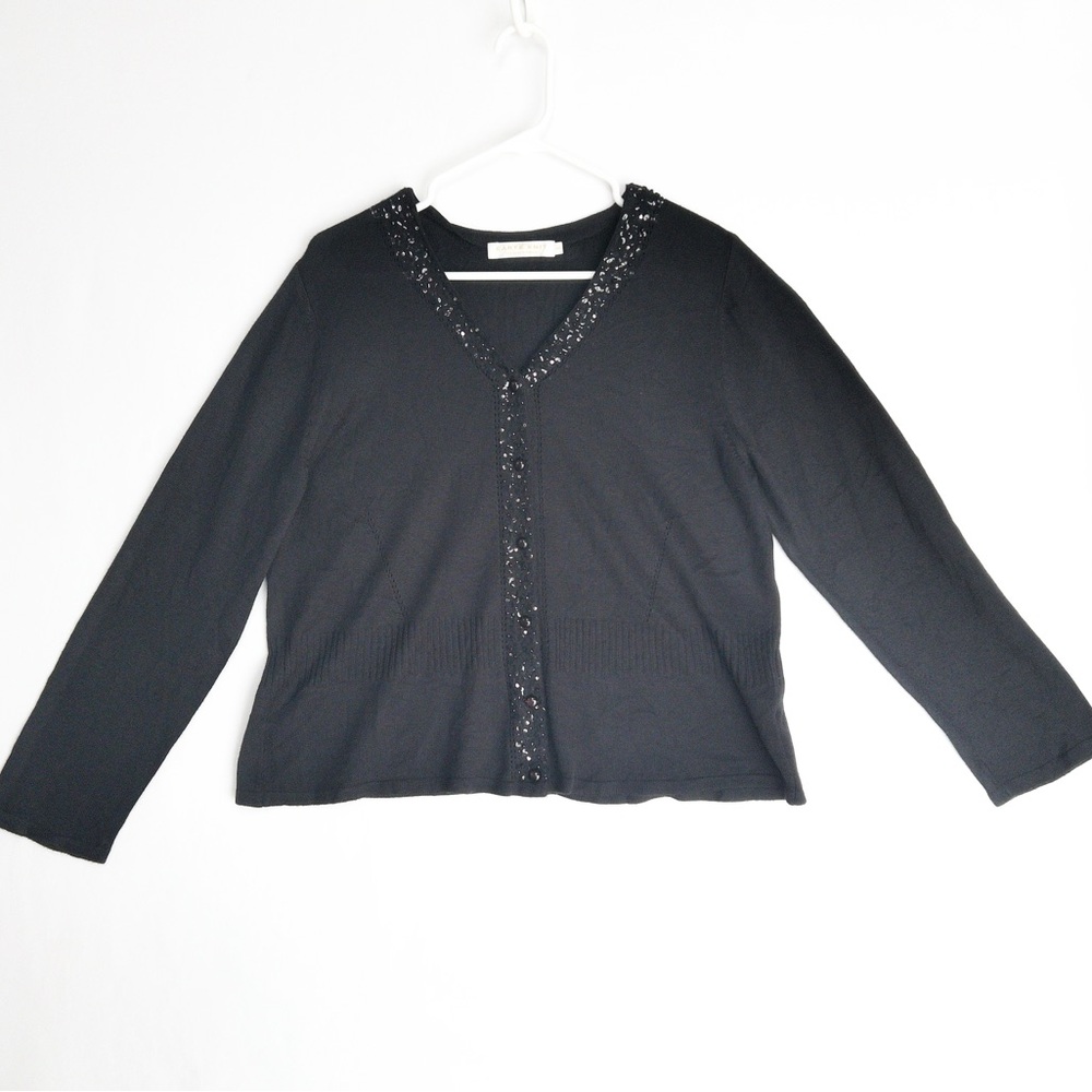 Carte by Mario Solid Black sweater cardigan with sequin trim Korean Womens L Vtg